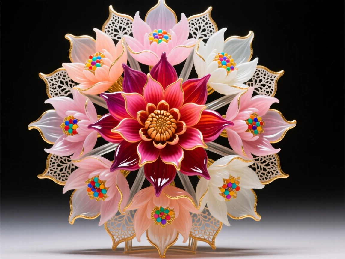 A field of blooming dahlias arranged in an intricate mandala pattern, vivid and meditative.
