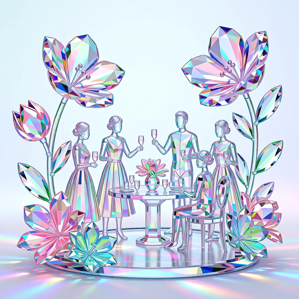 A springtime garden party scene with pastel decorations and blooming flowers.