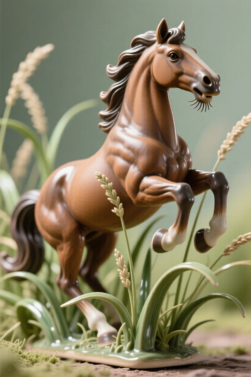 A proud stallion bounding joyfully through tall grass, with delicate whiskers catching the light, filling the scene with playful, heartwarming charm.