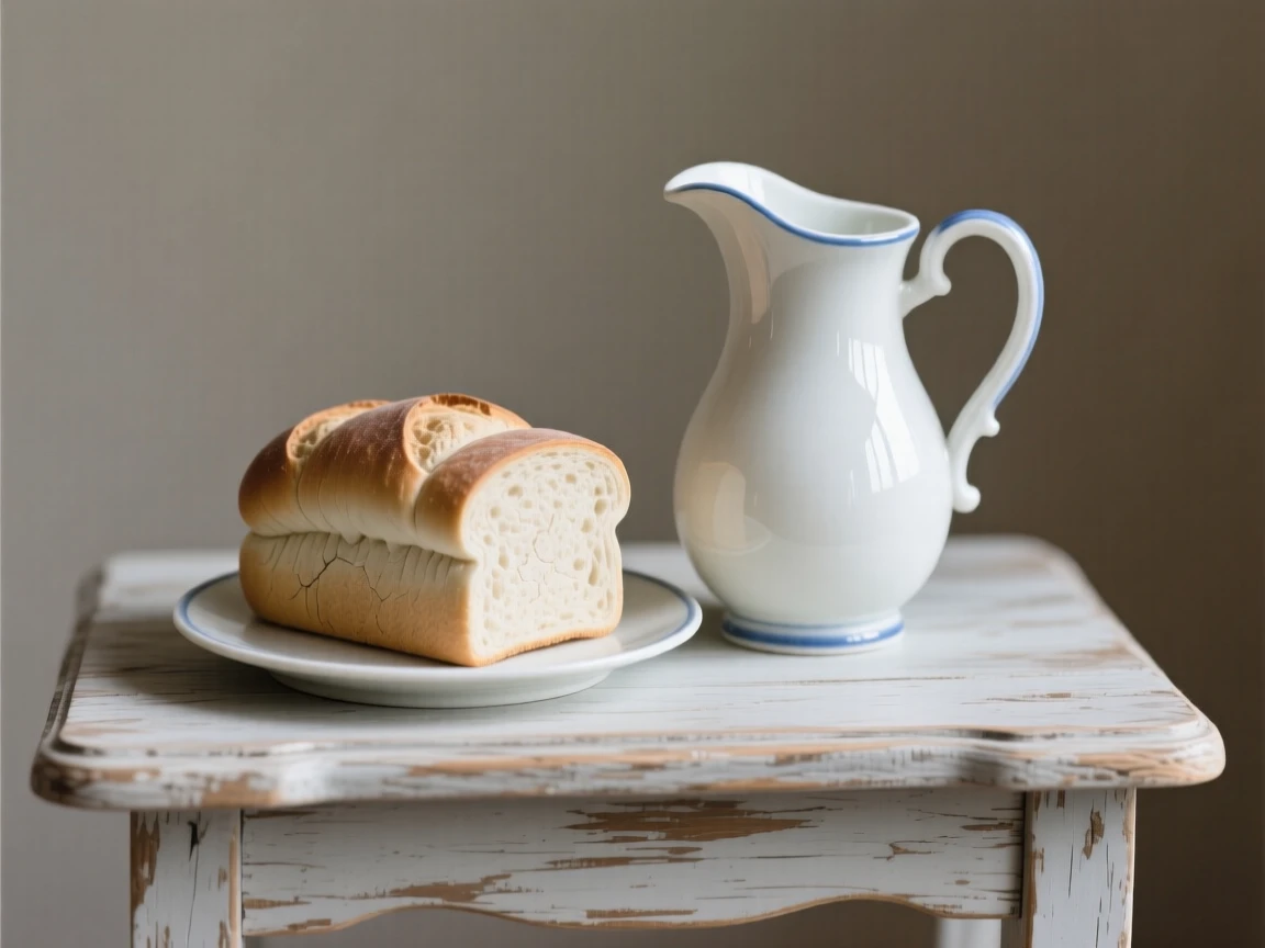 A refined still-life arrangement of fresh bread and a jug of milk on a weathered wooden table, composed with classical balance and harmony.