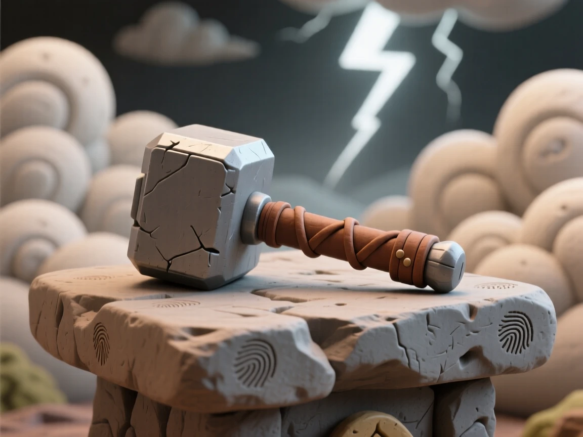 Thor's hammer resting on a stone altar beneath lightning clouds