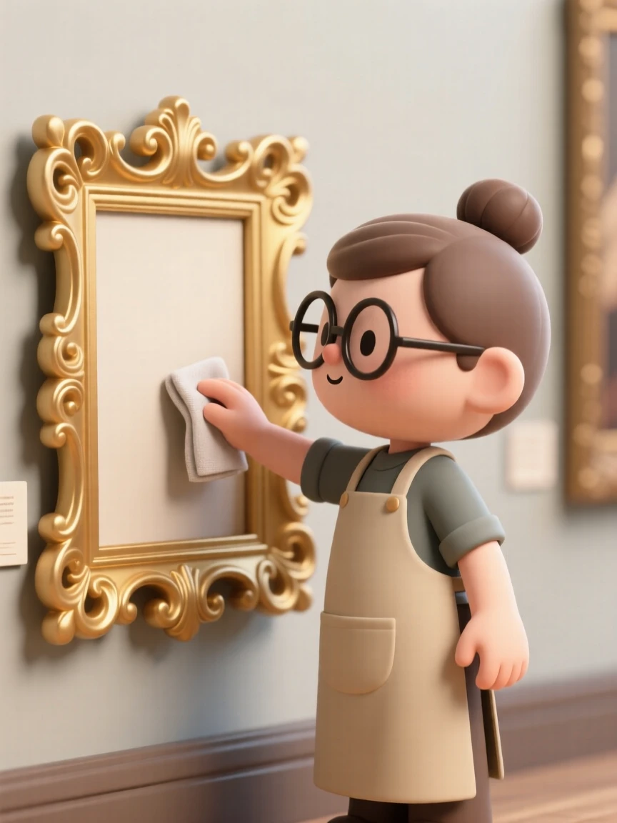 A focused museum restorer gently cleans centuries of dust from an ornate golden picture frame.