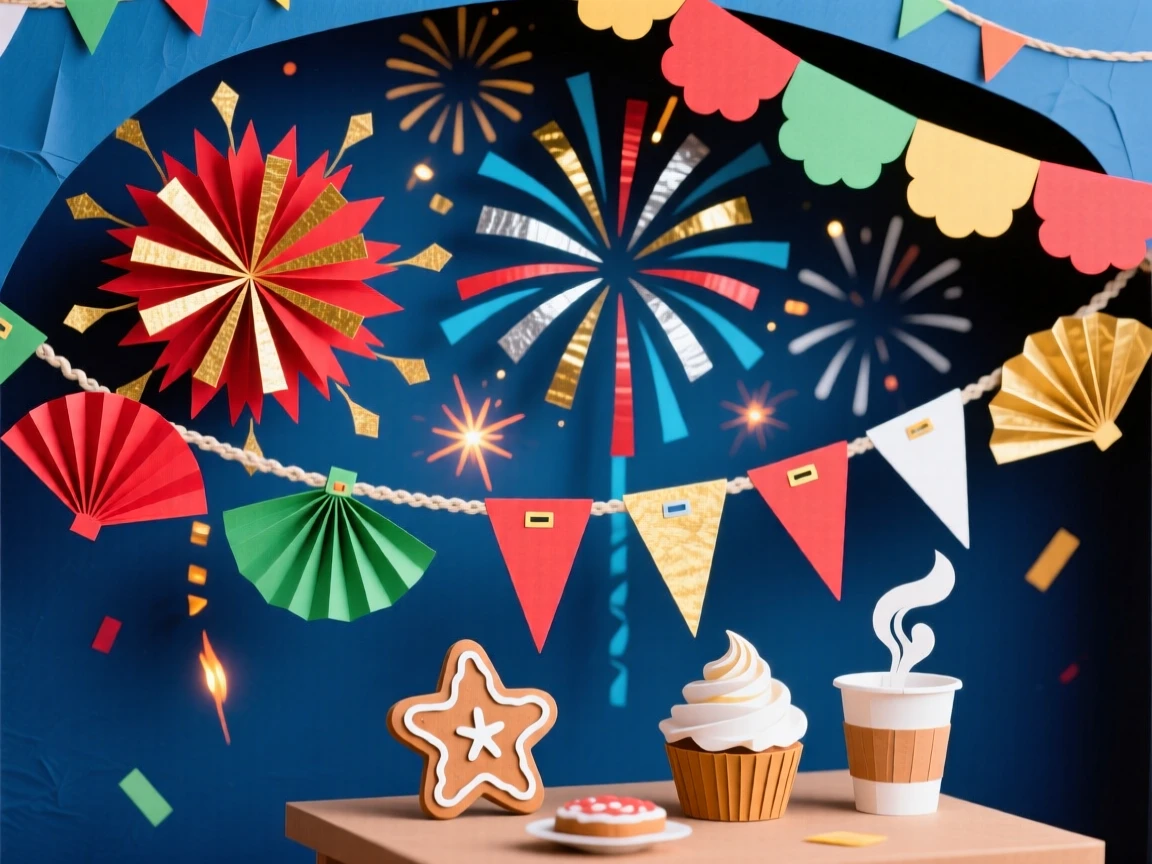A dazzling New Year's Eve fireworks display set beneath a canopy of colorful decorations, with the scent of seasonal treats filling the air, capturing cherished holiday tradition.