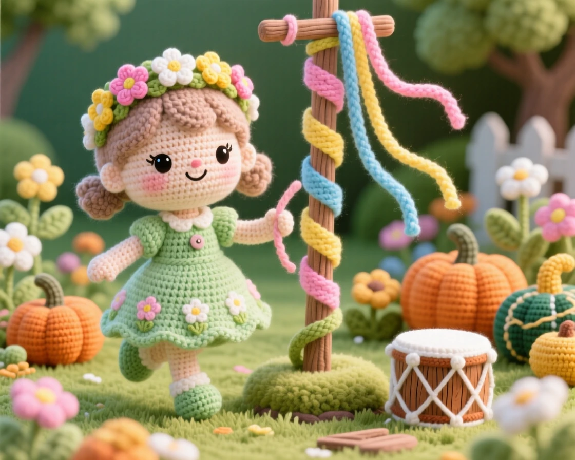 a little girl wearing a flower crown, for a maypole celebration, dancing around a ribboned pole, at a family garden set for a harvest gathering, with a small drum resting nearby, radiating joyful community celebration and shared tradition.