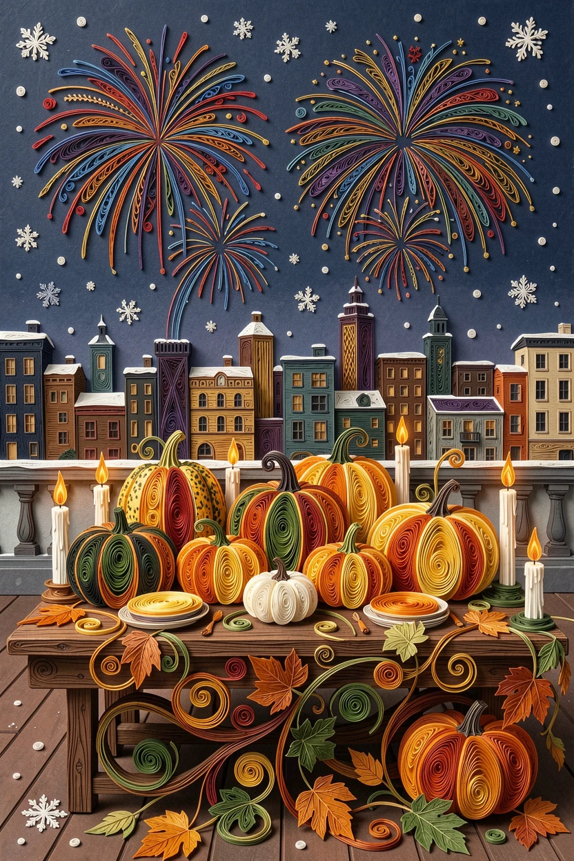 a autumn harvest table laden with pumpkins and gourds, on a rooftop overlooking a fireworks-lit skyline, framed by softly falling snow, with soft candlelight flickering throughout the scene.
