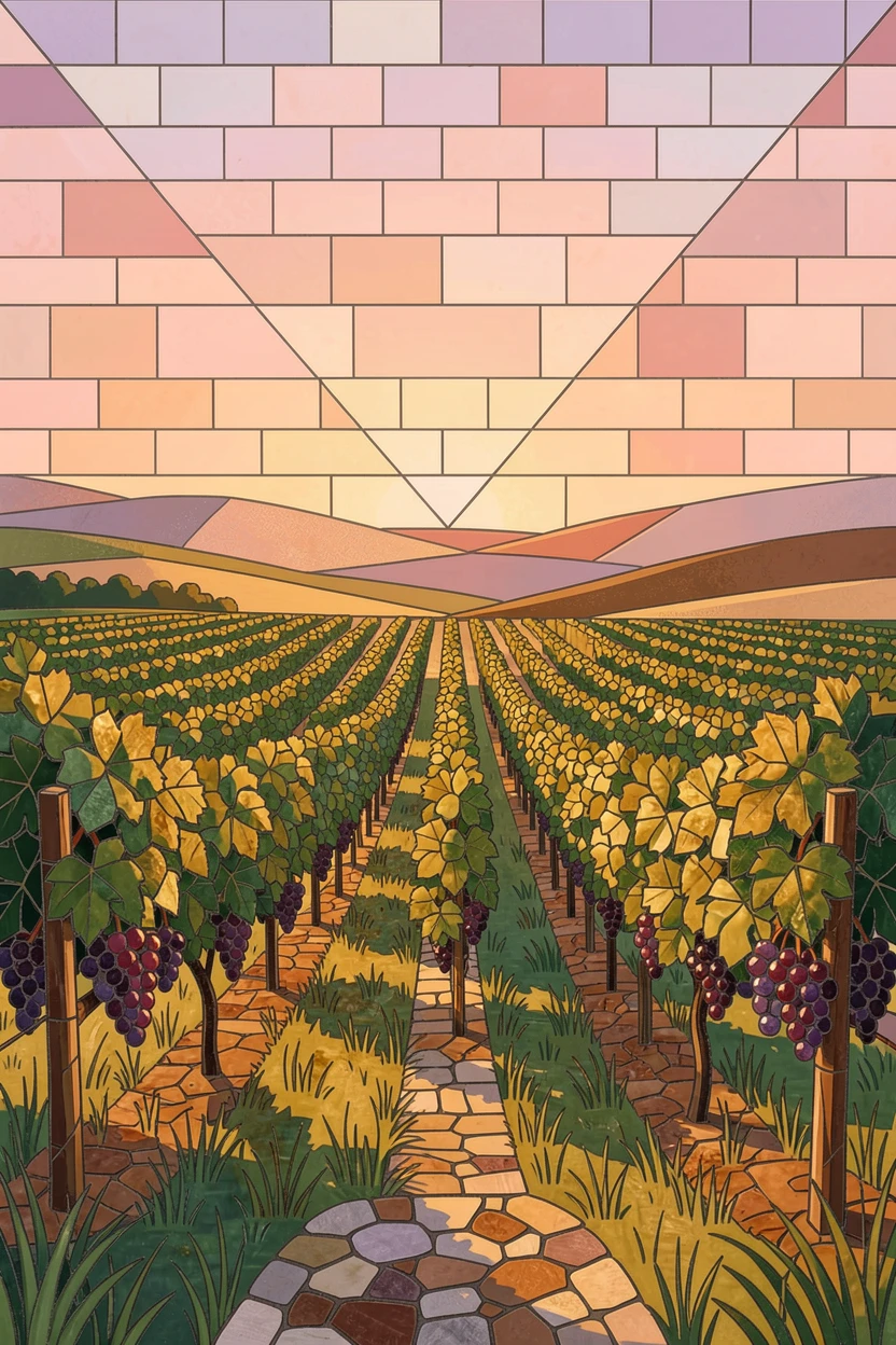 A peaceful countryside vineyard with rows of vines under warm afternoon light, beneath a sky painted in pastel sunrise hues.