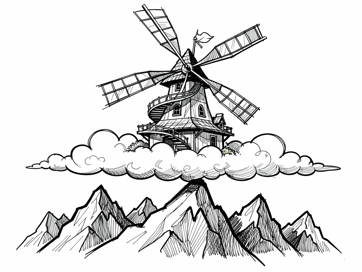 A windmill cottage with a spiral staircase among the clouds above a mountain range.
