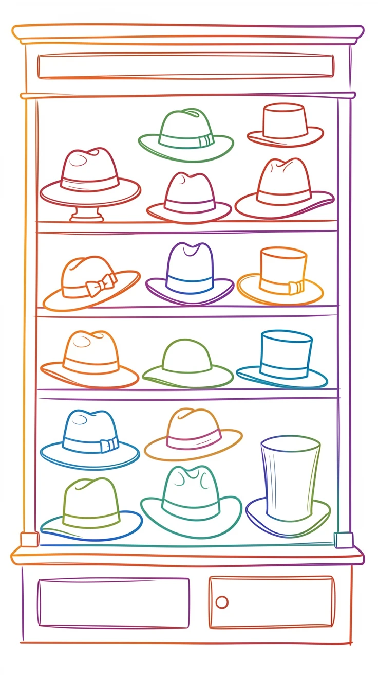 A vintage hat shop window displaying an array of colorful hats.