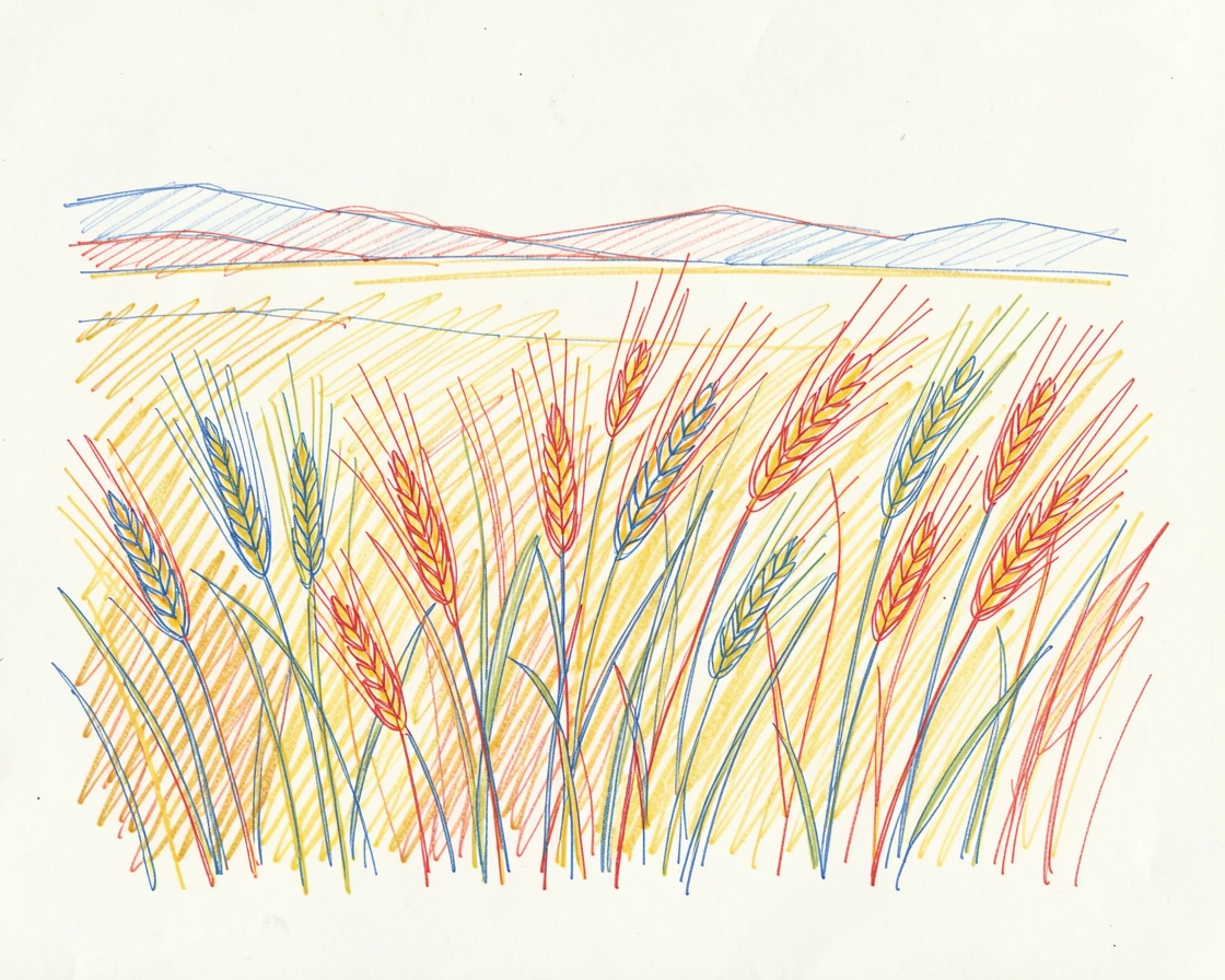 A golden late-summer wheat field swaying under a warm evening breeze