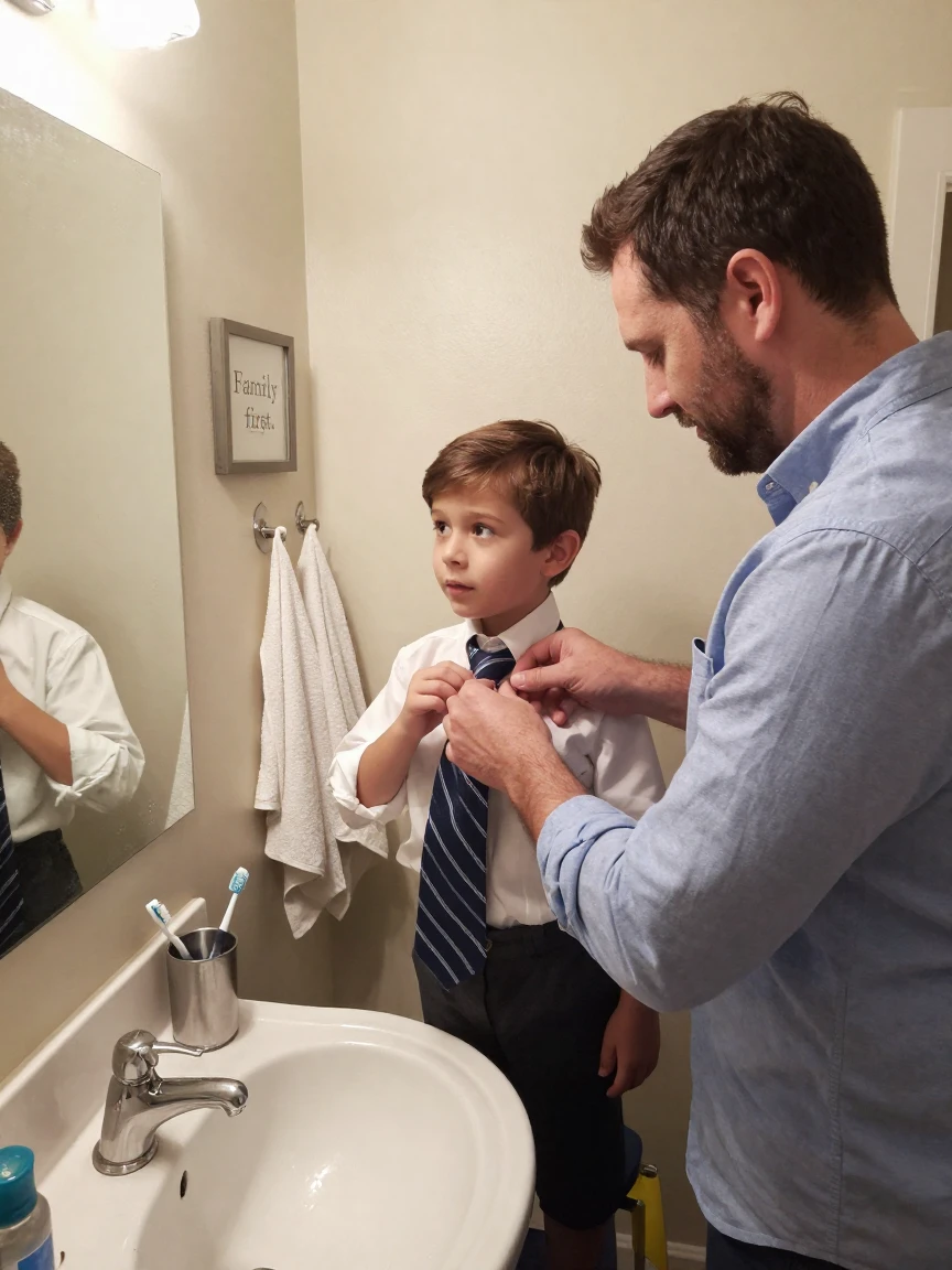 A father teaches his son to tie a necktie in front of a bathroom mirror.
