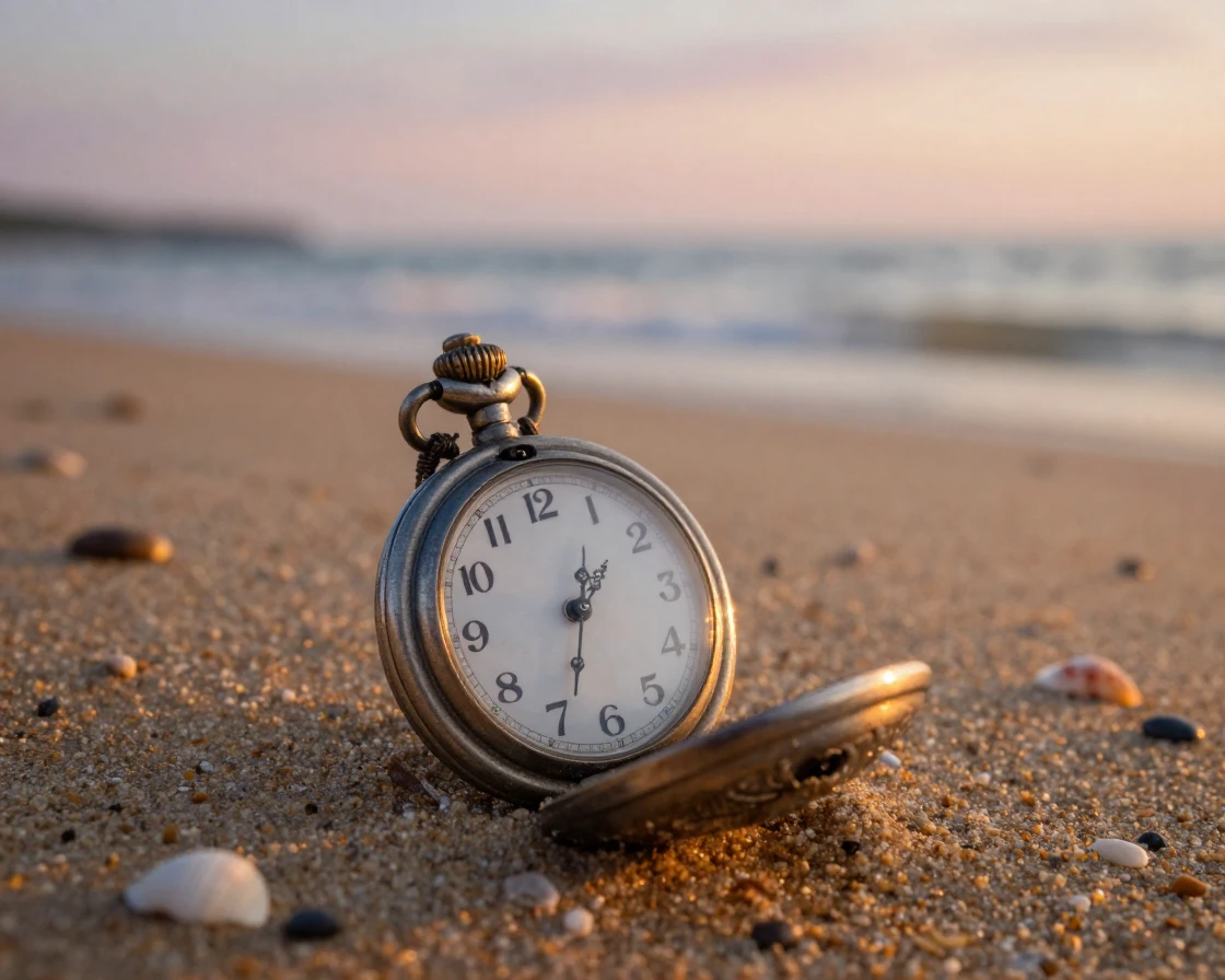 A weathered pocket watch placed gently on a sandy shore, quietly telling its own small story