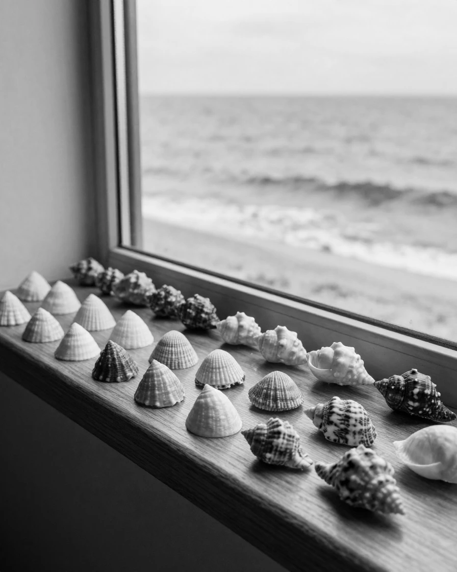 A collection of seashells sits arranged by size and color on a windowsill by the sea.
