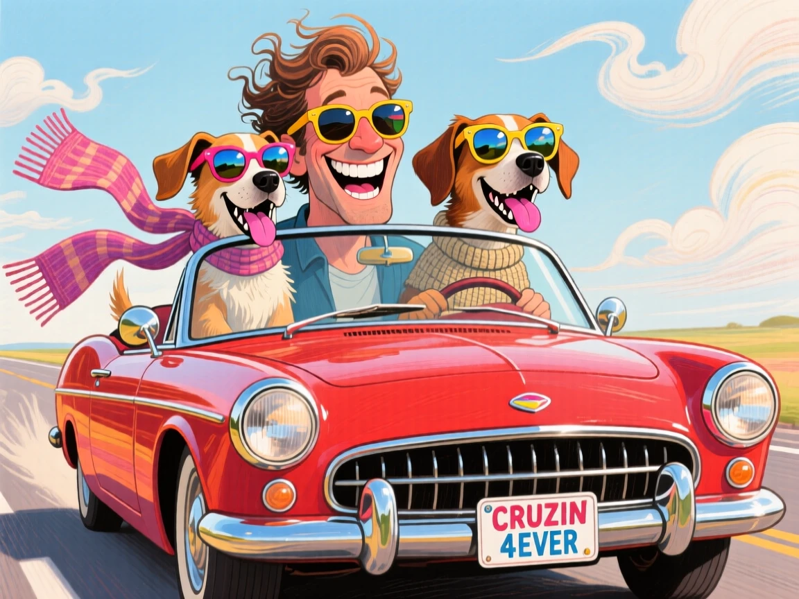 A man and his loyal dog both wearing sunglasses, cruising in a convertible.