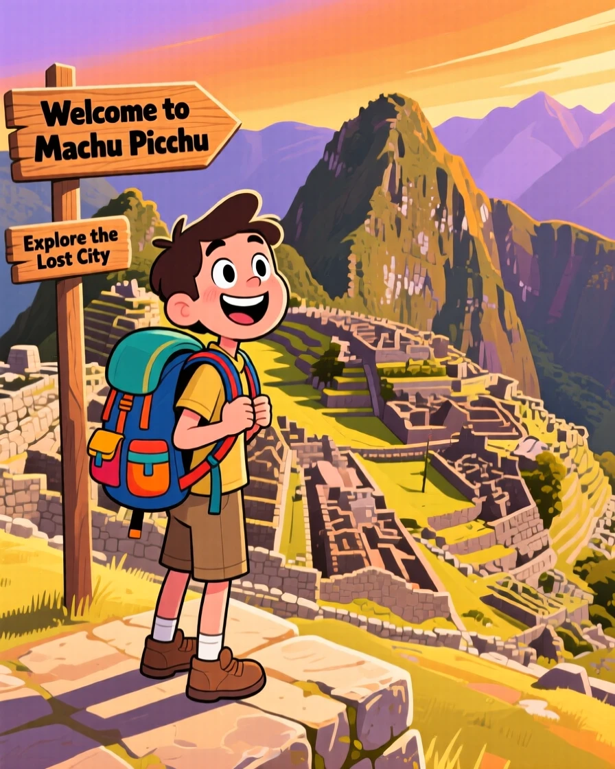 An iconic travel scene featuring a solo backpacker exploring the ancient ruins of Machu Picchu, as the golden afternoon light glows around them.