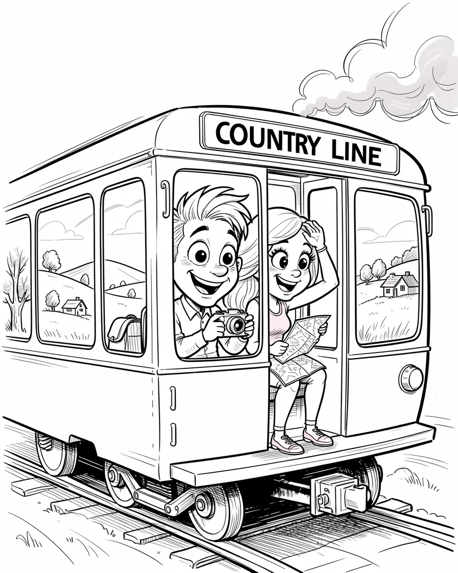 [Travel & Cultural Experiences] Vivid travel scene of a curious honeymoon couple riding a local train through the countryside, full of wonder and adventure