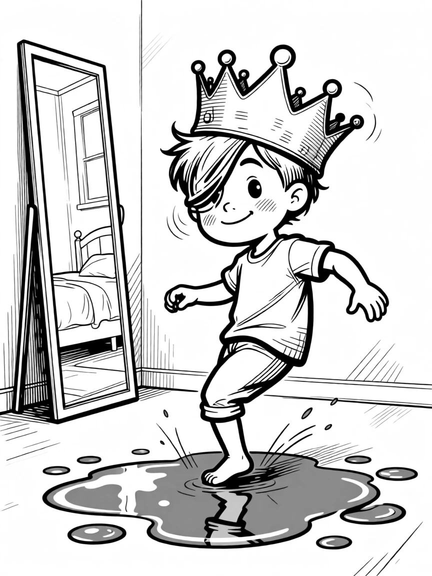 A kid mid-cartwheel that goes slightly sideways, tilting the crown that keeps slipping over one eye, set in a bedroom mirror corner. Rain puddles reflect a a bright blue sky. There's an innocent, giggly charm to the whole moment.