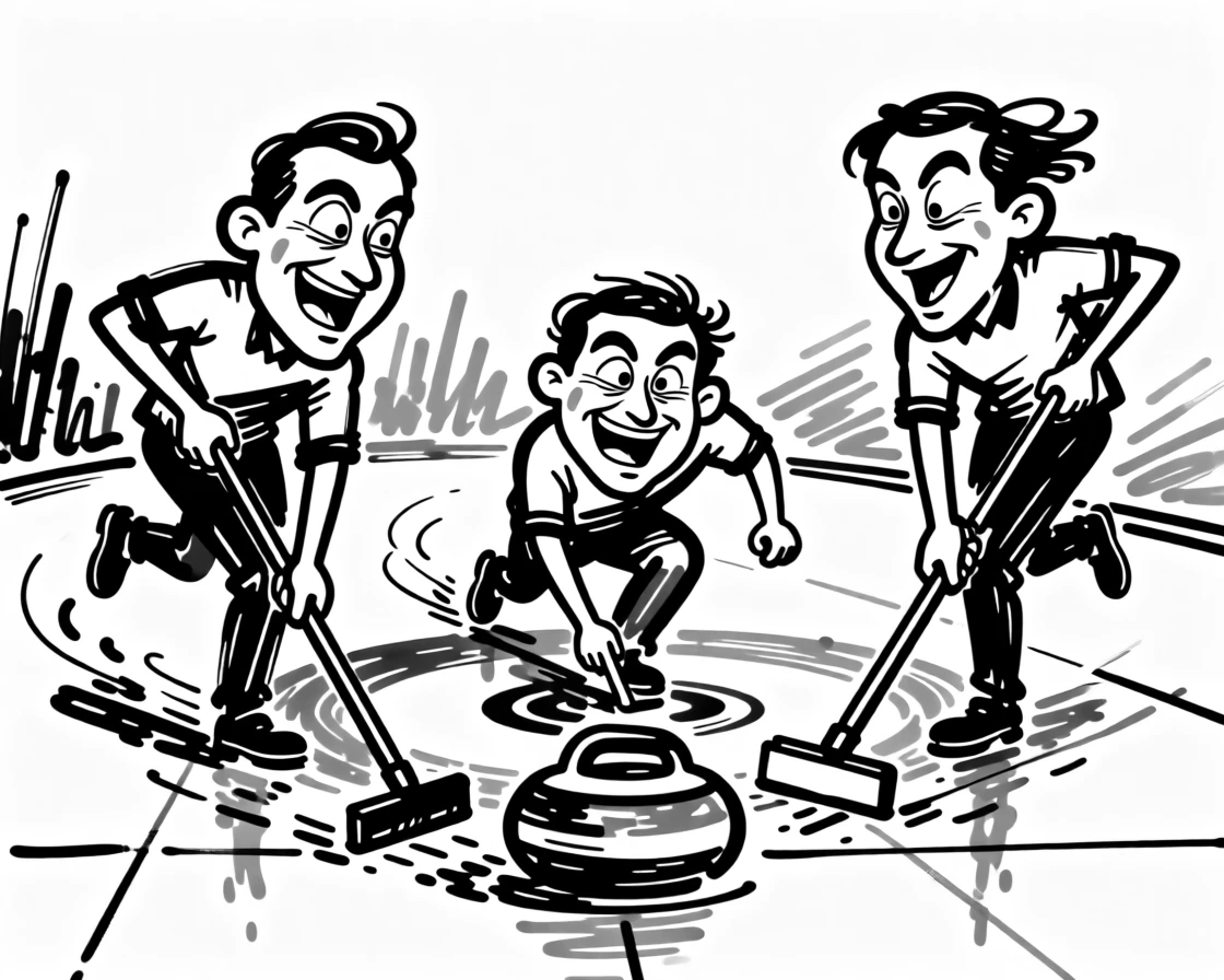 A curler sliding a stone gracefully across the ice as teammates sweep furiously.