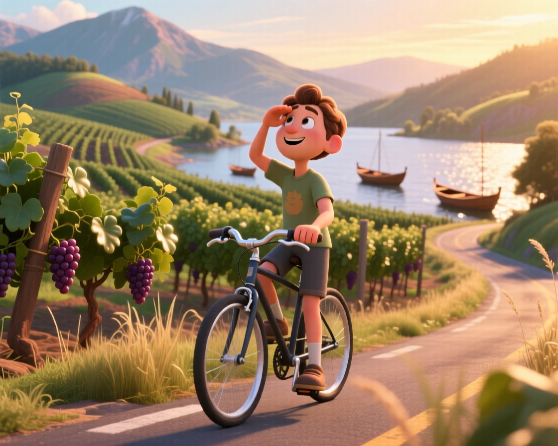 A cyclist pausing on a scenic road stands in a vineyard with rows stretching into the distance, pausing to breathe in the fresh mountain air. A sense of wonder and freedom fills the moment, with small boats bobbing in the distance.
