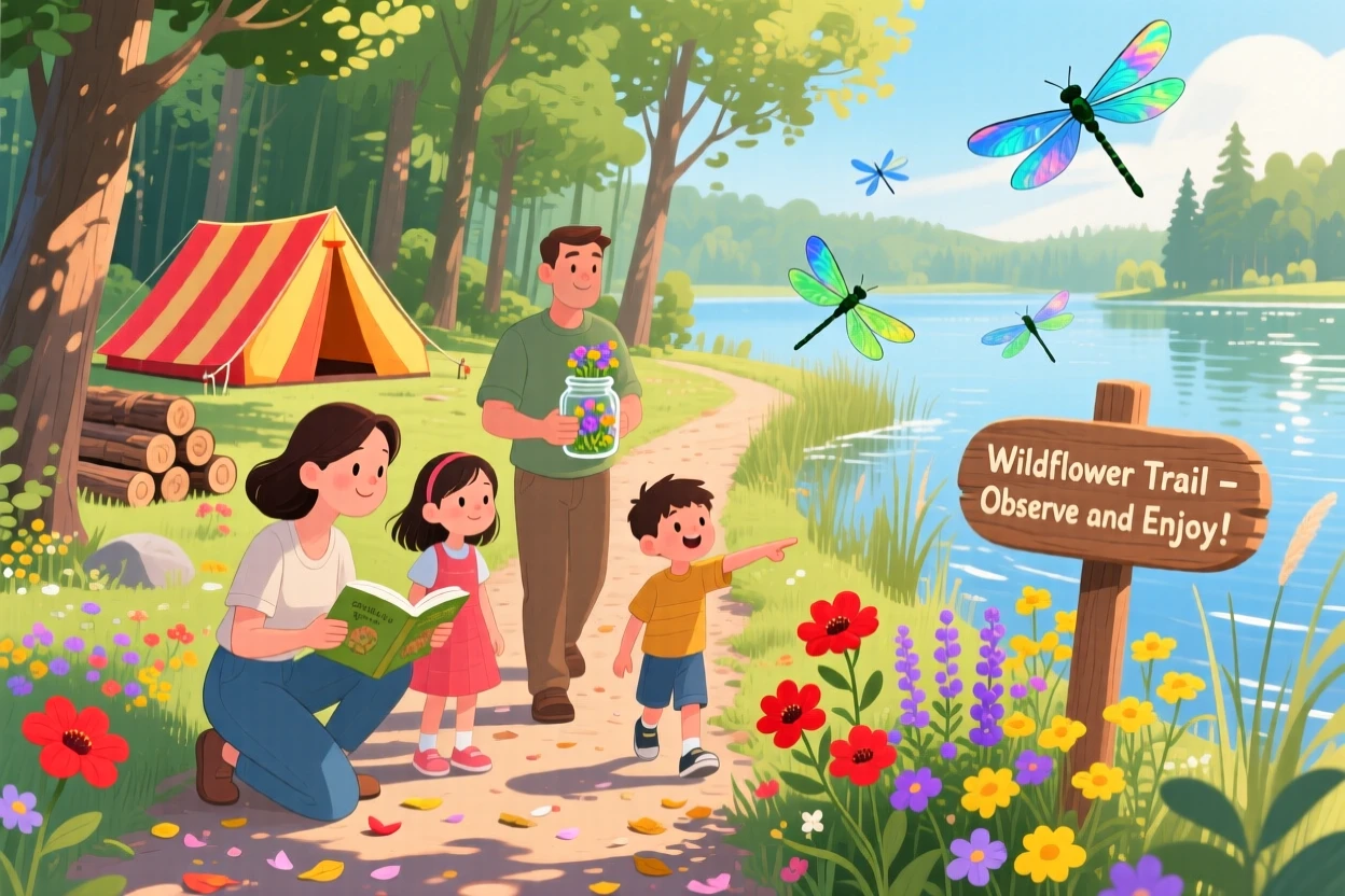 In a quiet lakeside campsite, a family of campers is identifying wildflowers along a forest trail, while dragonflies dart above the water.