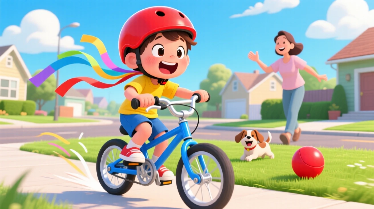 A kid riding a bicycle without training wheels for the first time.