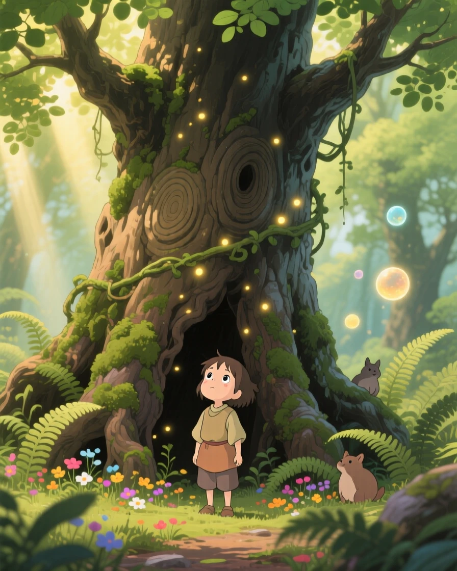 A tender moment of a child looking up in wonder at a giant, ancient tree, the scene gently triumphant.