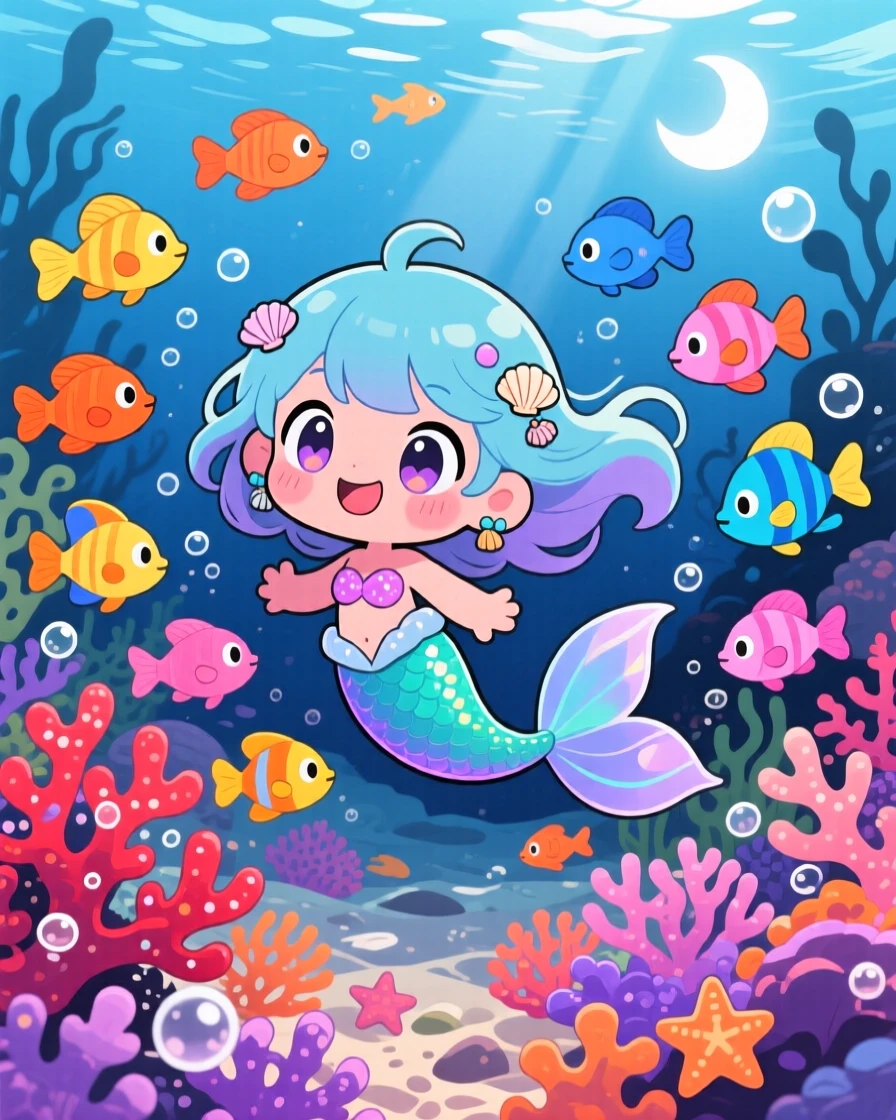In a vibrant coral reef, a mermaid child is playing tag with a school of colorful fish during a light summer breeze, bathed in soft moonlight, expression full of brave confidence. Shot as a bird's-eye view.