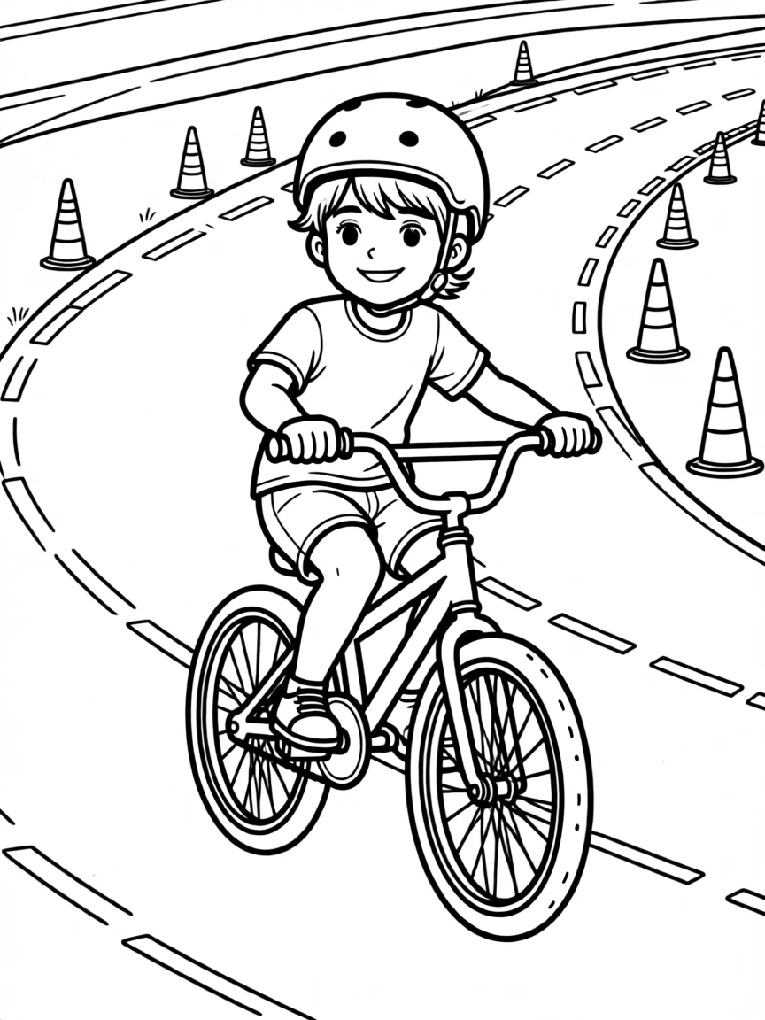 A child riding a bicycle down a race track with a helmet on