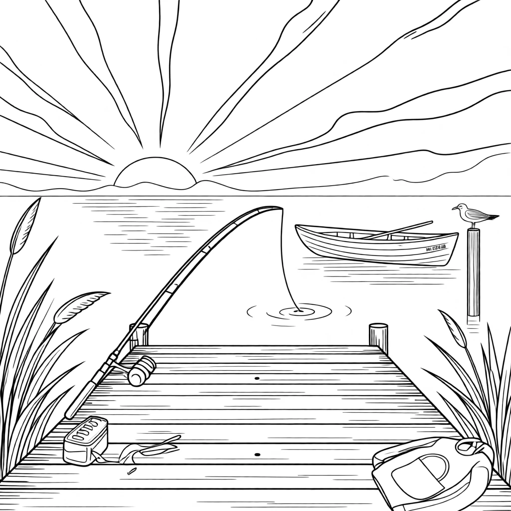 A fishing rod propped against a dock at sunrise, with reflections shimmering on the water's surface.