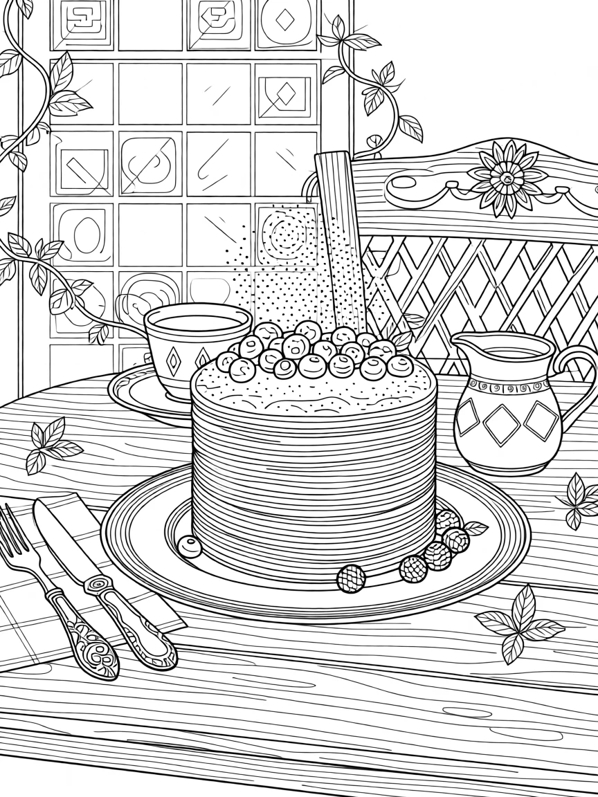 A cozy Sunday pancake stack scene with berries and powdered sugar.