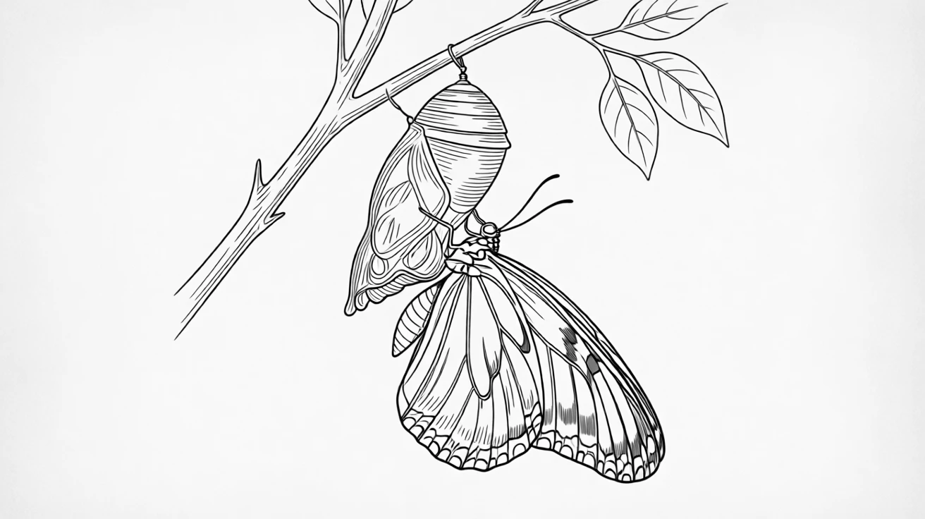 A butterfly emerging from a chrysalis symbolizing transformation