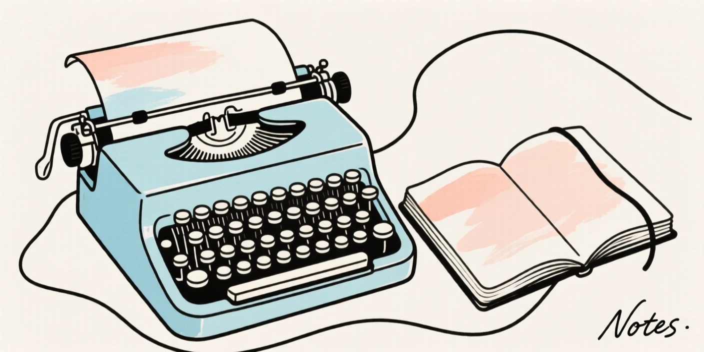 A vintage typewriter beside a notebook
