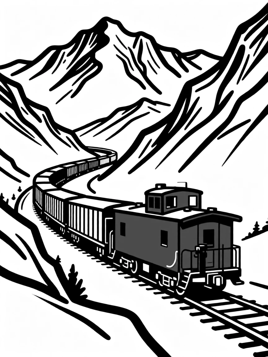 A classic red caboose trailing a freight train through a mountain pass.