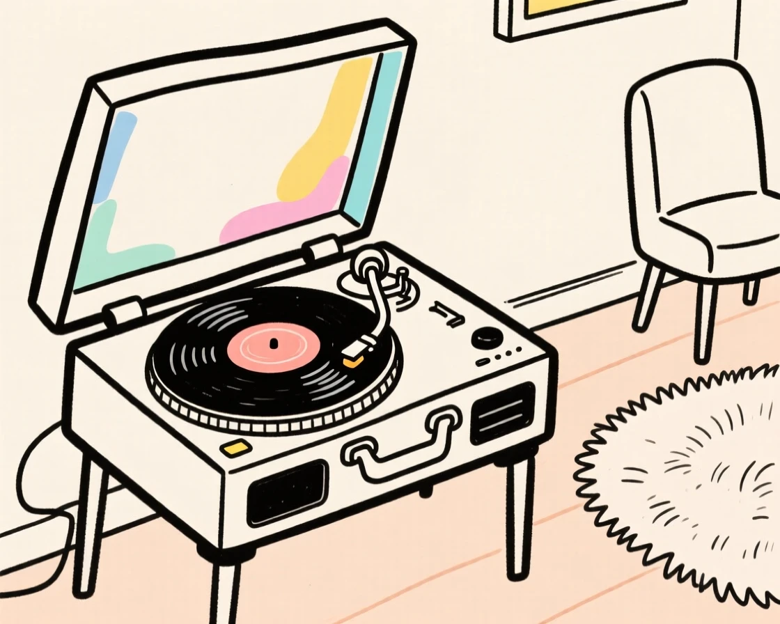 A vintage record player spinning a vinyl record in a cozy room.