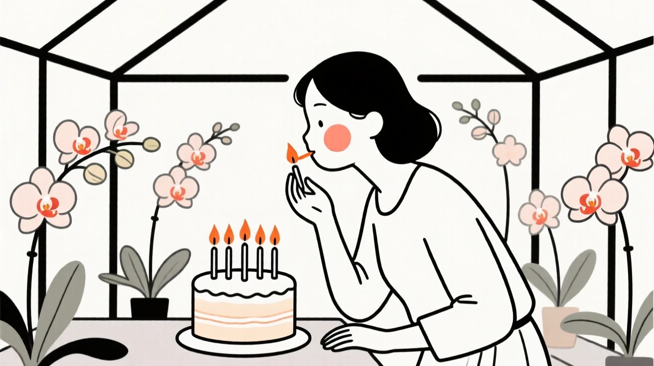 A grown woman blowing out birthday candles, in a greenhouse full of orchids.
