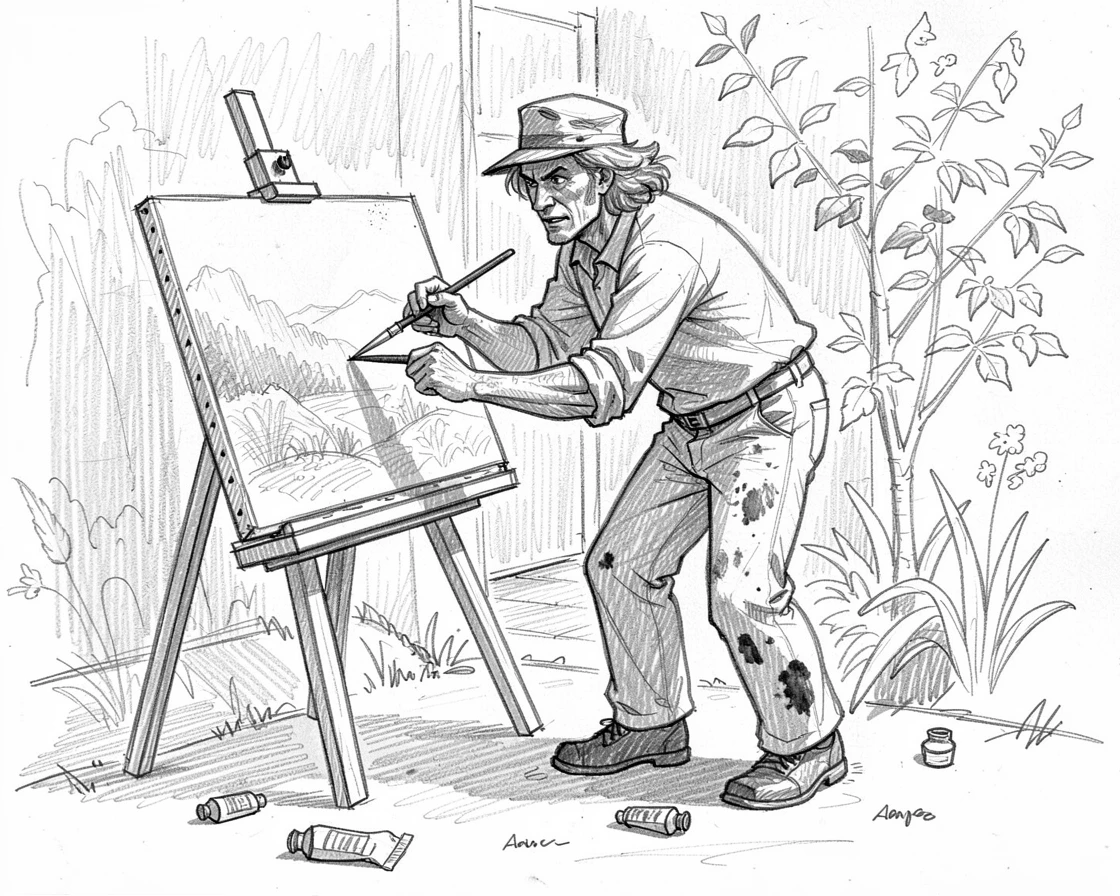 A dynamic action shot of a painter working at an easel outdoors in a peaceful garden studio, with intense focus and determination.