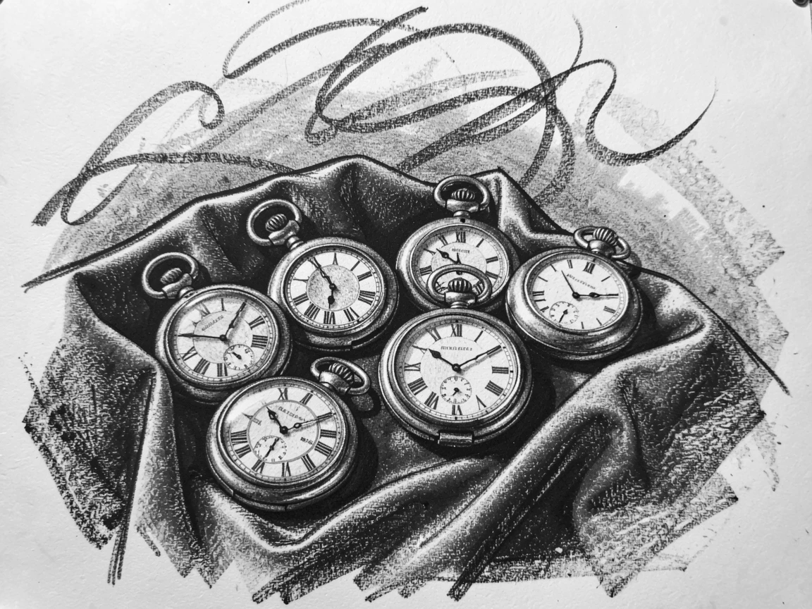 A collection of antique pocket watches on a velvet cloth, as laughter fills the air around them.