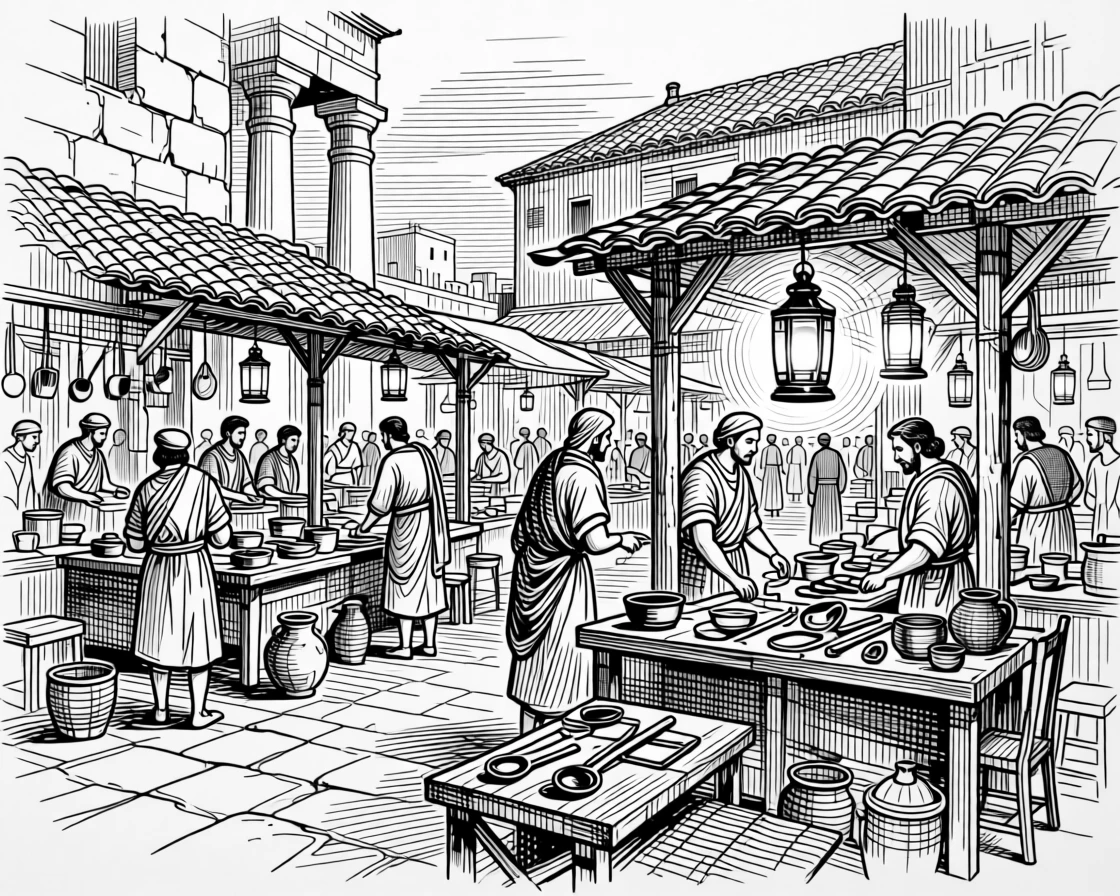 An ancient roman marketplace bustling with traders as lanterns begin to glow in the evening light, with traditional tools laid out with care, portrayed in a rich with history historical scene.