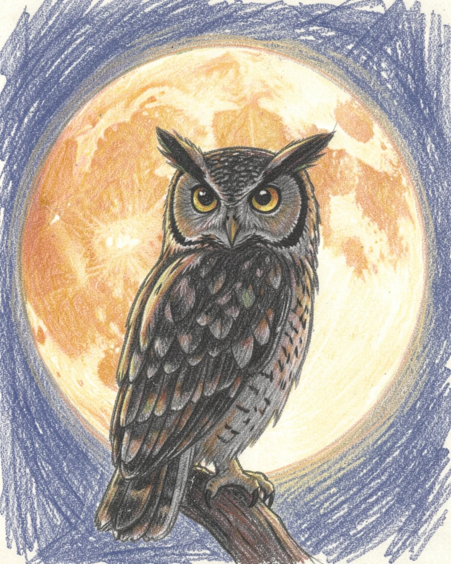 A moonlit owl silhouetted against a full harvest moon, with delicate details that reward a closer look, designed to feel inviting, memorable, and shareable.
