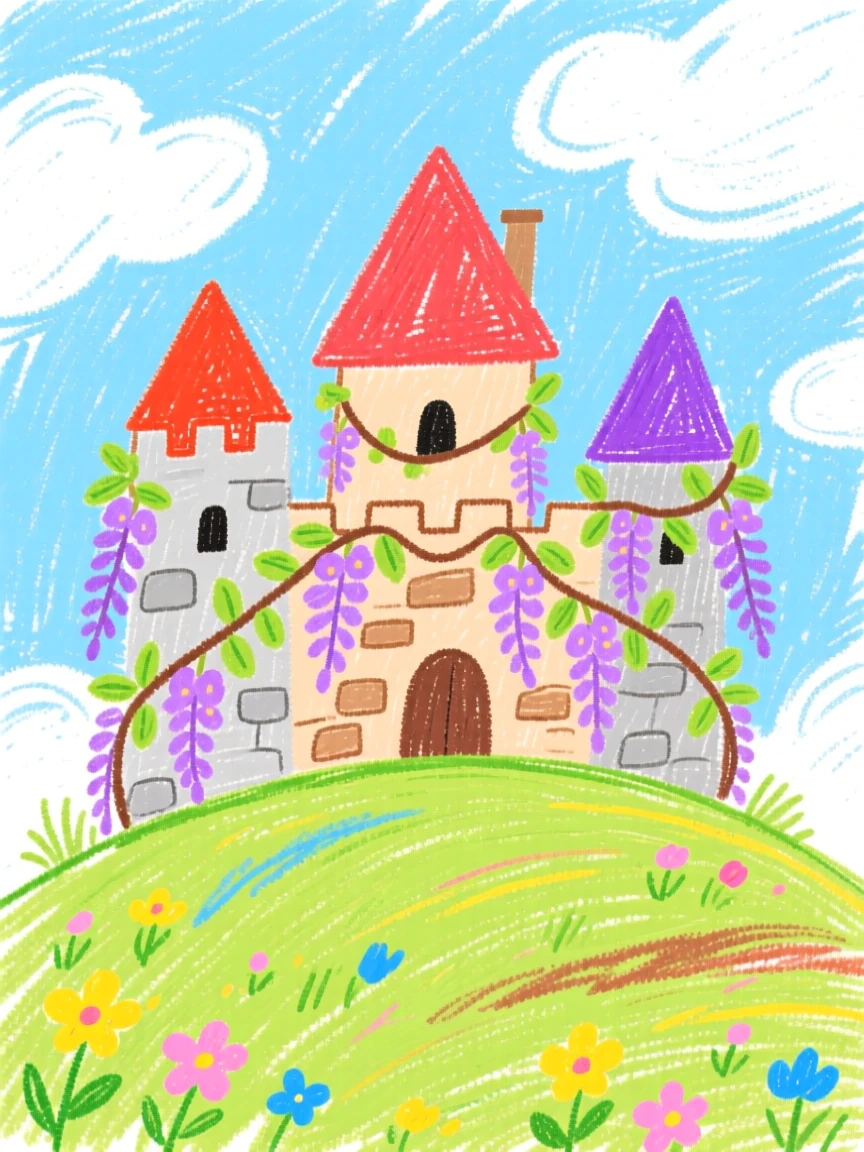 A hillside castle surrounded by blooming wisteria vines.