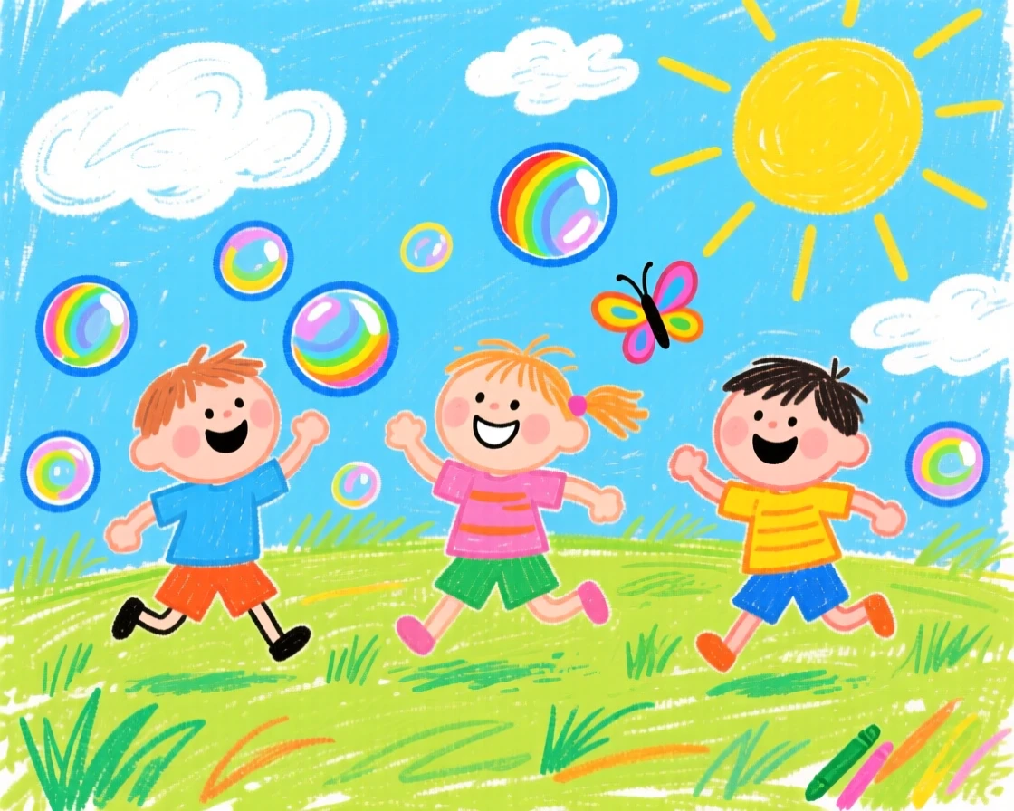 Children chasing bubbles across a sunlit lawn.