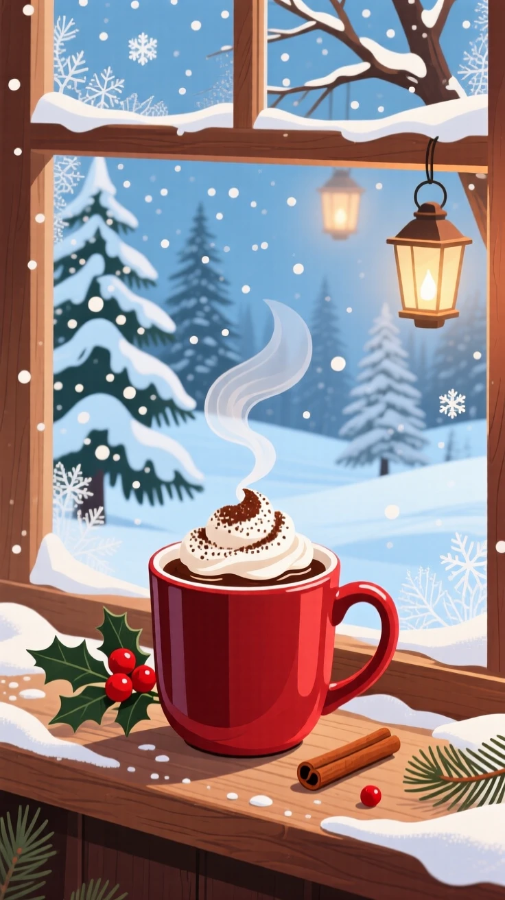 A cozy winter mug of cocoa steaming beside a snowy window, surrounded by the fresh atmosphere of the changing season, framed to highlight the freshness of the season, with charming small details that evoke the season perfectly.