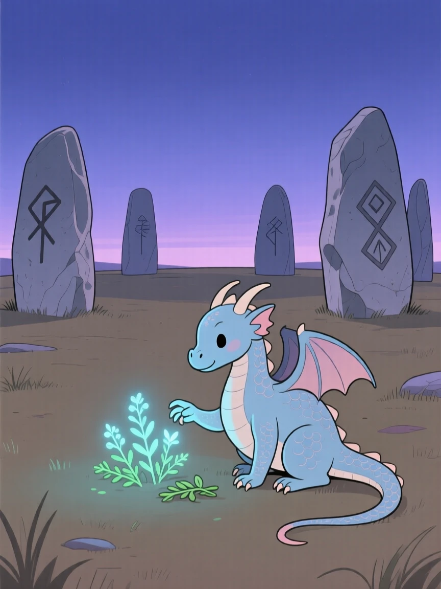 A young dragon gathering glowing herbs near an ancient stone circle.