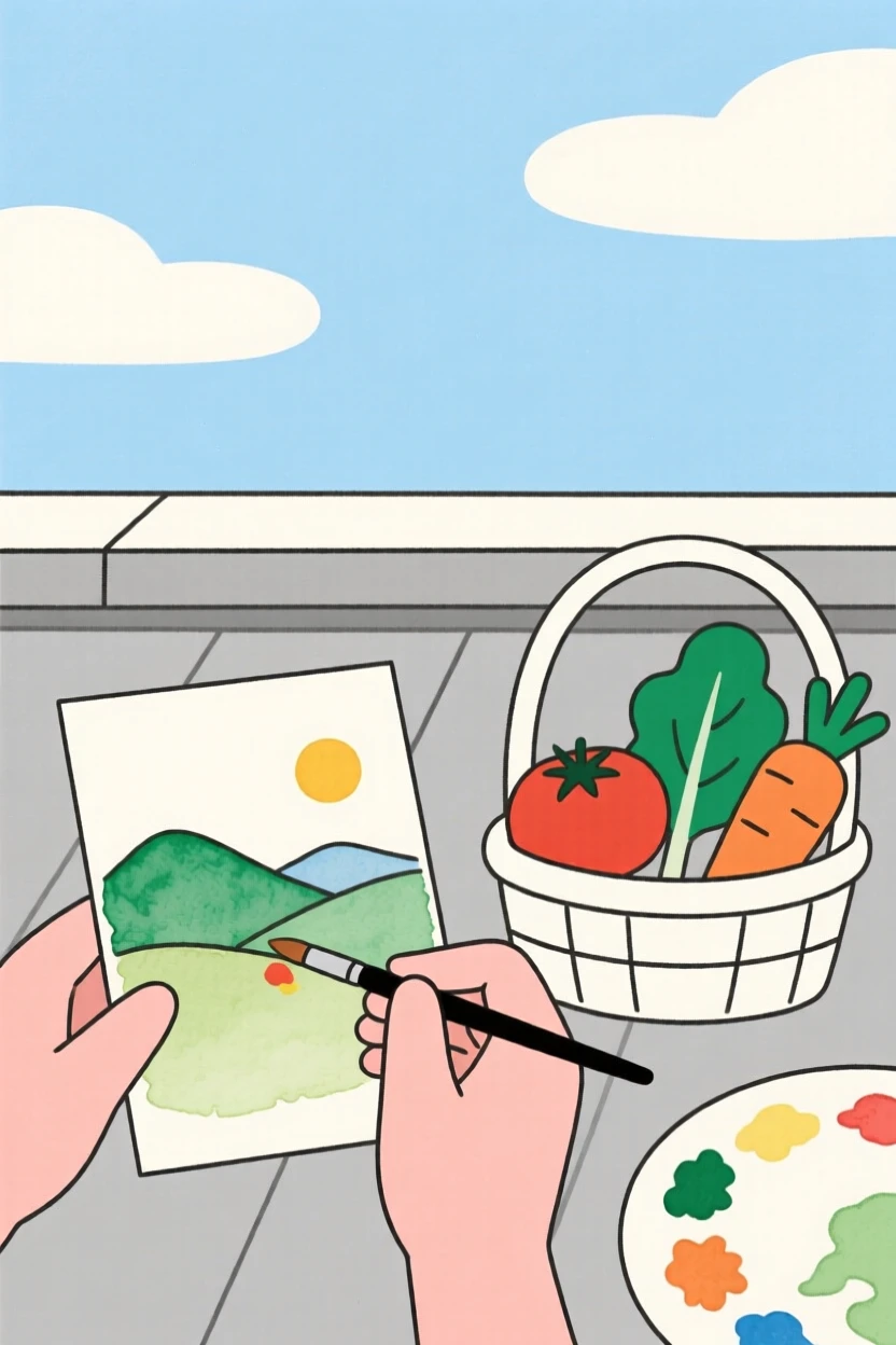 A close view of hands painting a watercolor landscape near a basket of fresh vegetables in a rooftop under open sky, full of joyful discovery.