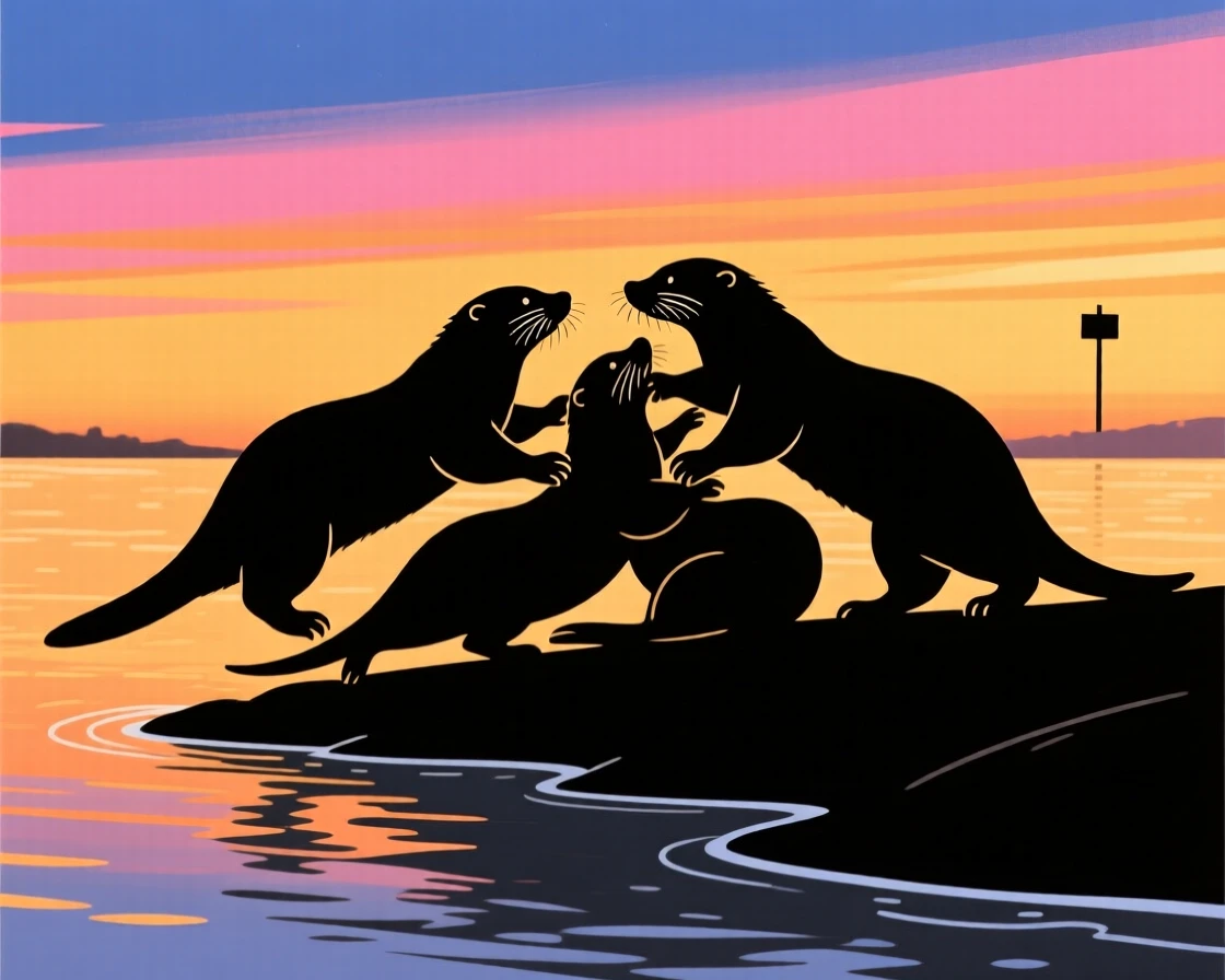 A group of otters wrestling playfully near the edge of a riverbank.
