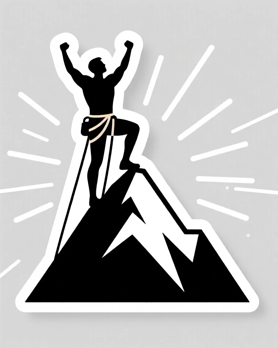 A calmly strong scene of a climber reaching the summit with arms raised in triumph, radiating a quiet sense of possibility, marking the start of something meaningful.