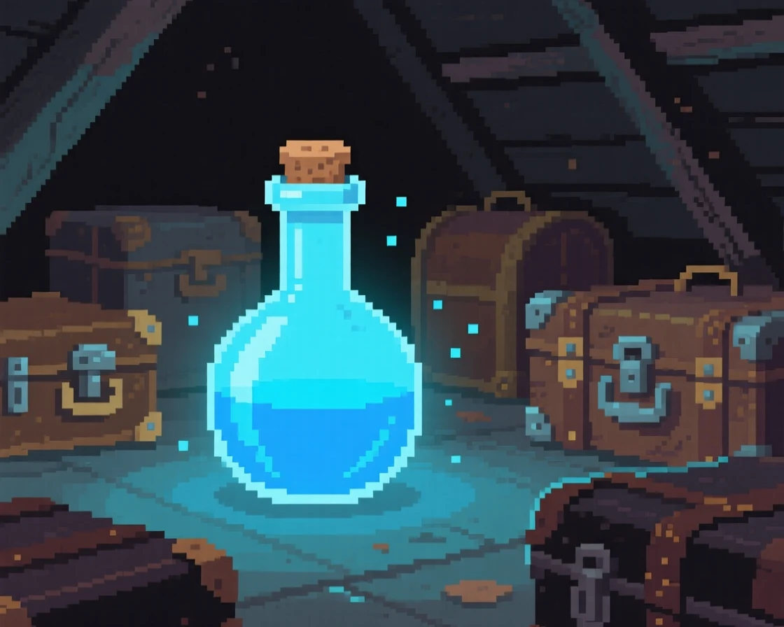 A potion bottle glowing faintly blue glowing softly in a dark room, within a dusty attic full of old trunks.