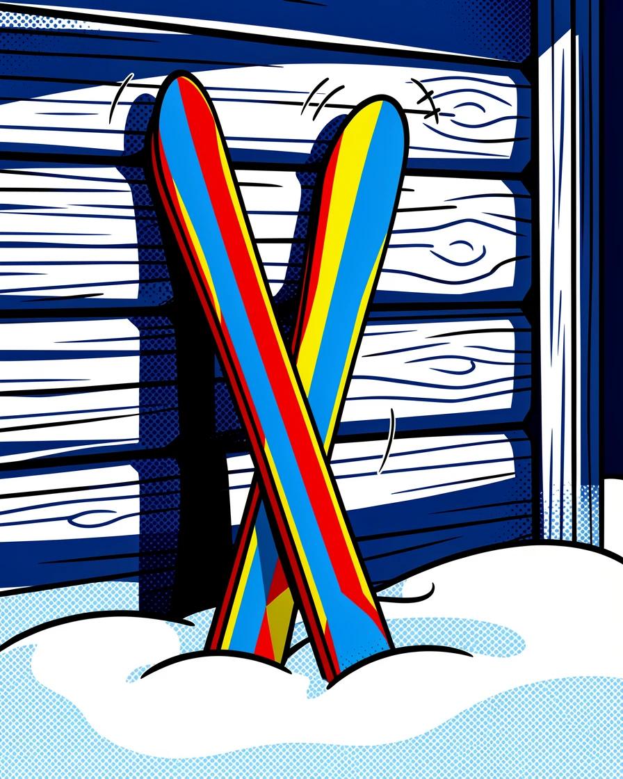 A pair of skis leaning against a snowy cabin wall