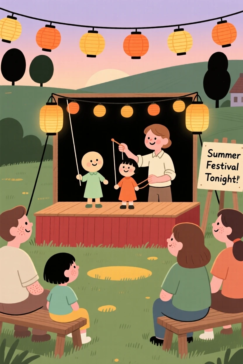 A community gathers in the village green for a summer festival, watching a puppet show beneath strings of paper lanterns as evening falls.