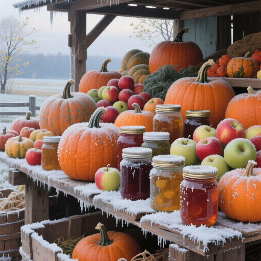A detailed close shot of a farmstand piled with pumpkins, apples, and jars of preserves, in early spring, beneath fresh fallen frost.