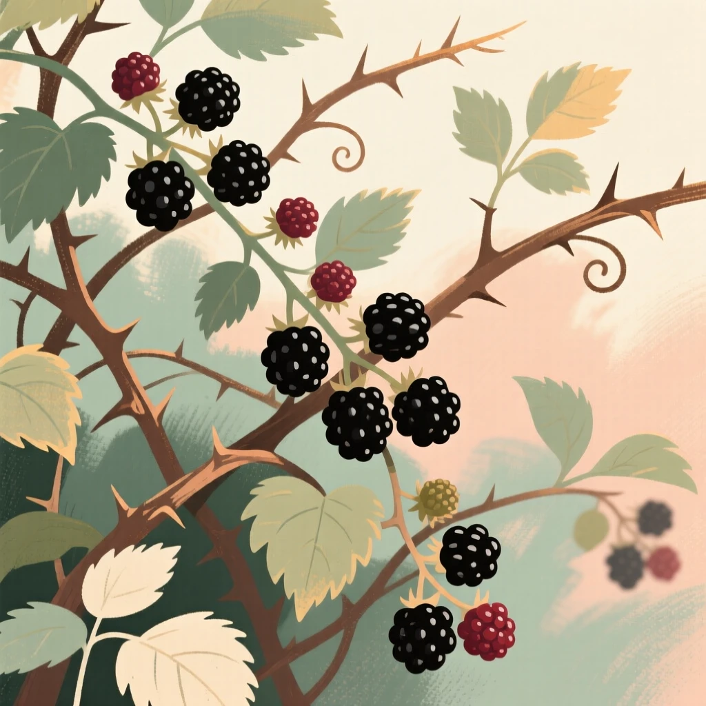 A tangled hedge of wild blackberry brambles heavy with fruit